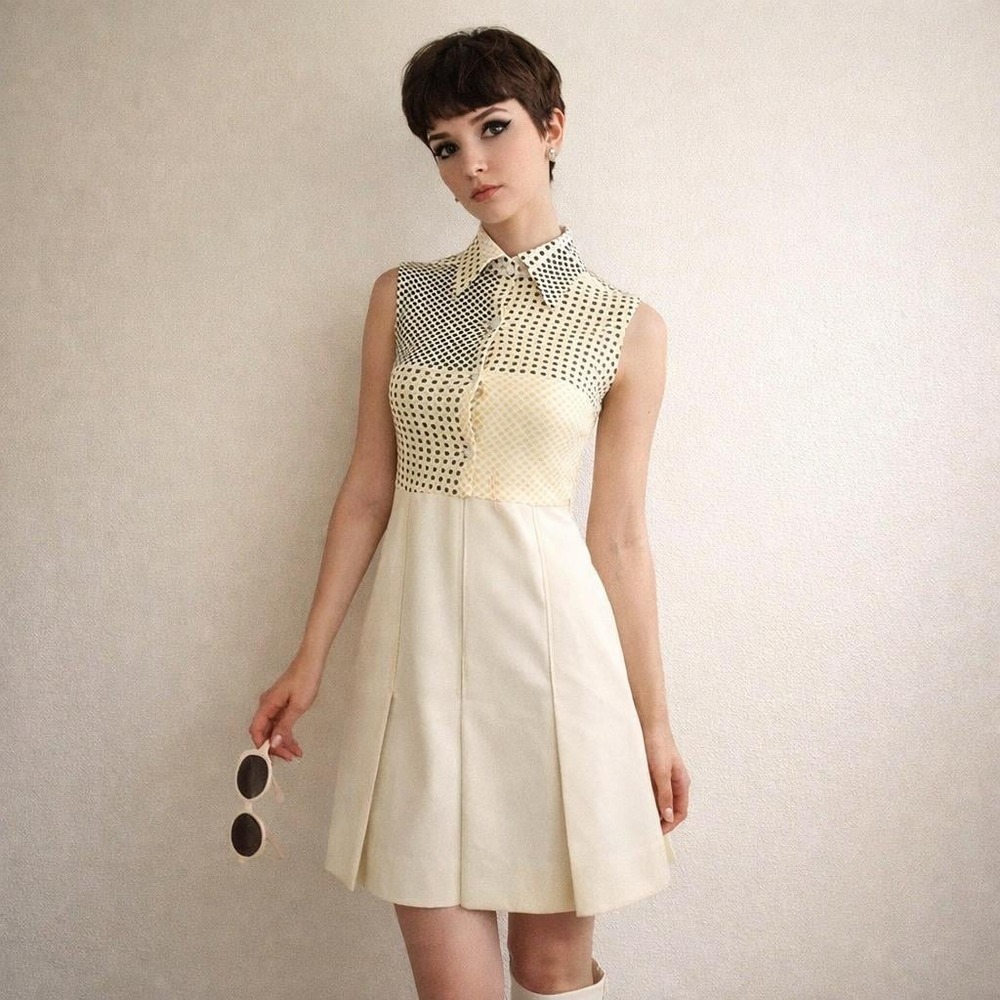 Vintage California Girl Polka Dot Dress Mod 60s Cream Collared A-Line XS